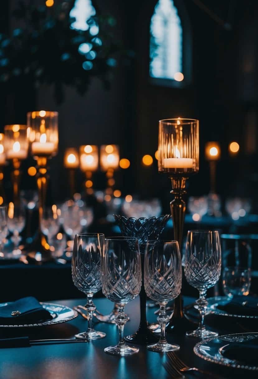 A dimly lit table adorned with dark crystal glassware, casting eerie reflections in a gothic wedding setting