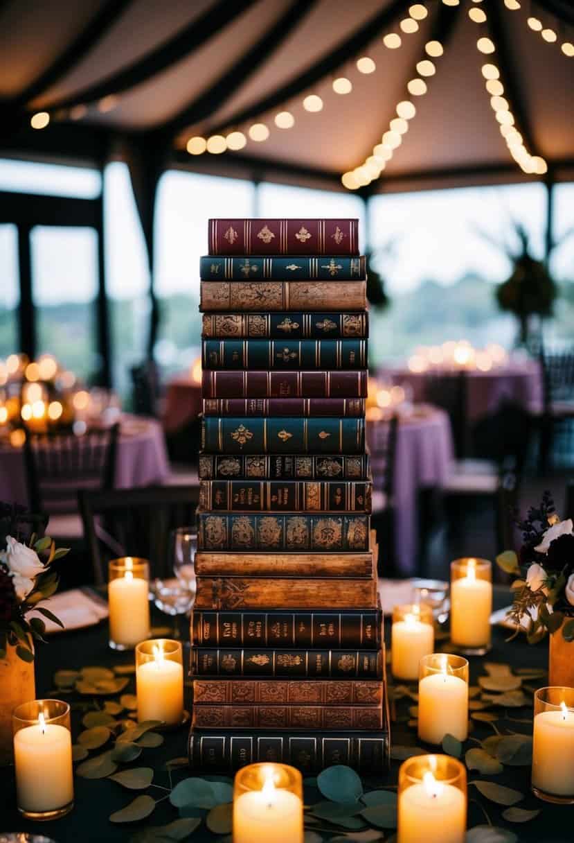 A stack of weathered, gothic-style books arranged as centerpieces on a wedding table, surrounded by flickering candlelight and dark floral accents