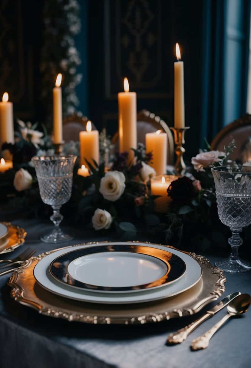 Gothic-inspired charger plates arranged on a dark, ornate table with candlelight and dramatic floral accents