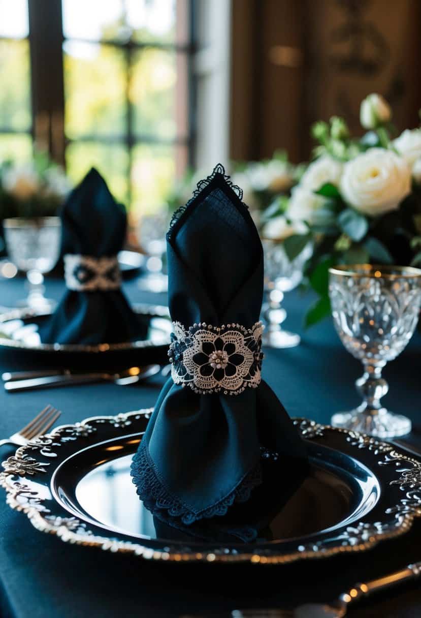 Black lace napkin rings adorn a dark, ornate wedding table setting