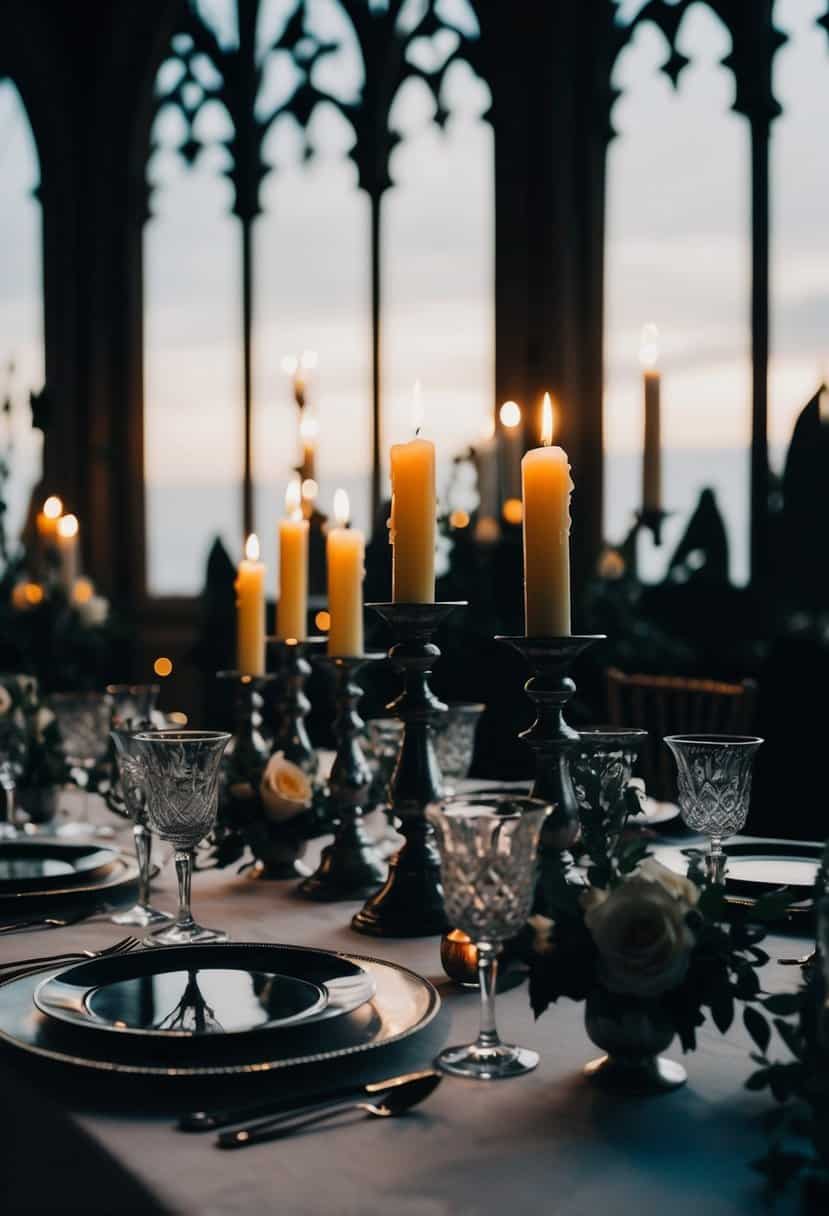 Gothic wedding table adorned with pewter candle holders, casting eerie shadows in dim light