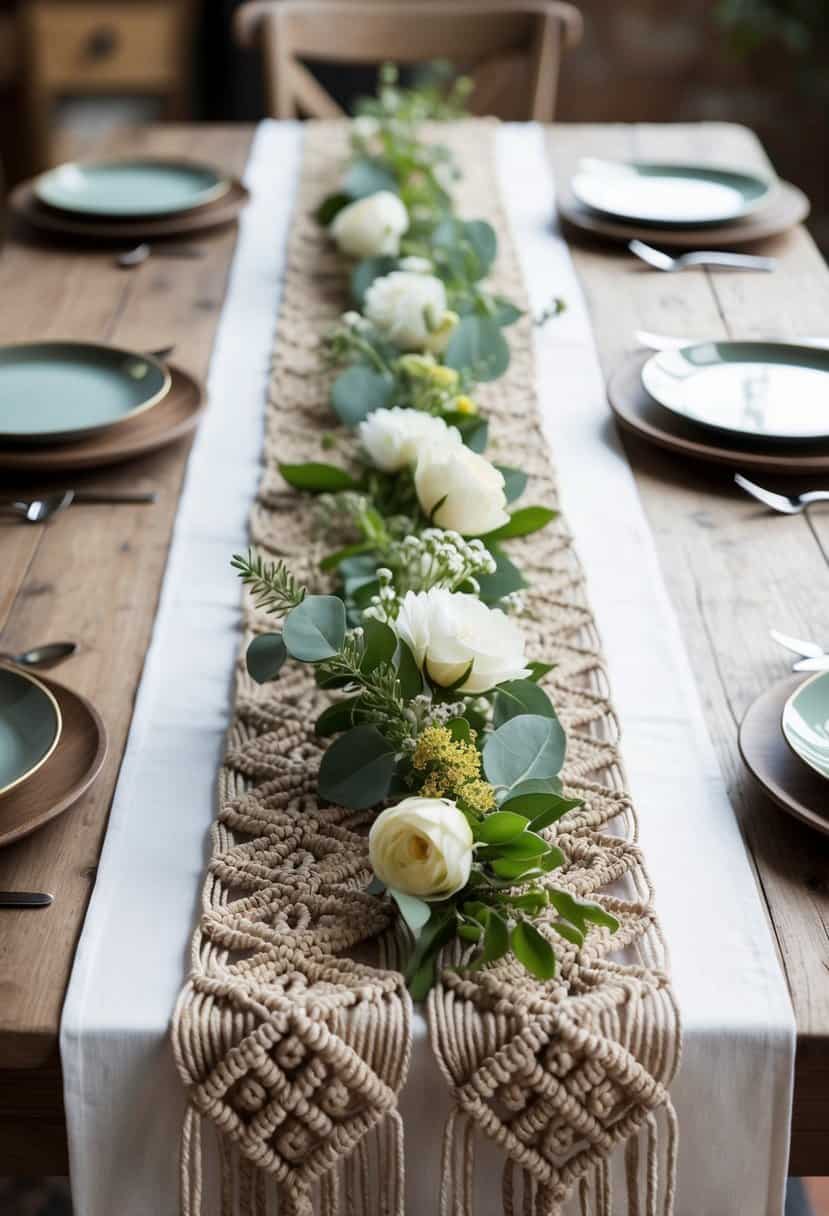 A macrame table runner adorned with delicate flowers and greenery, set on a rustic wooden table