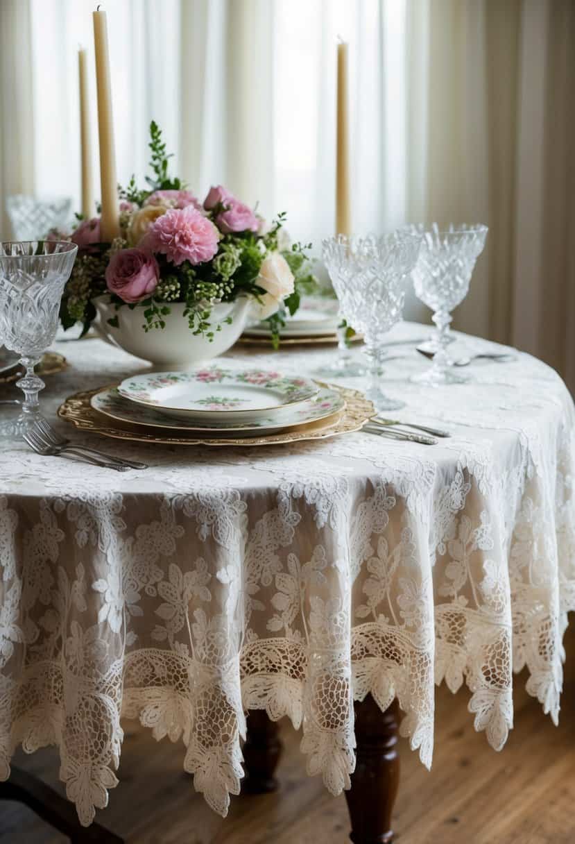 A vintage lace tablecloth drapes elegantly over a wooden table, adorned with delicate floral china, antique silverware, and crystal glassware