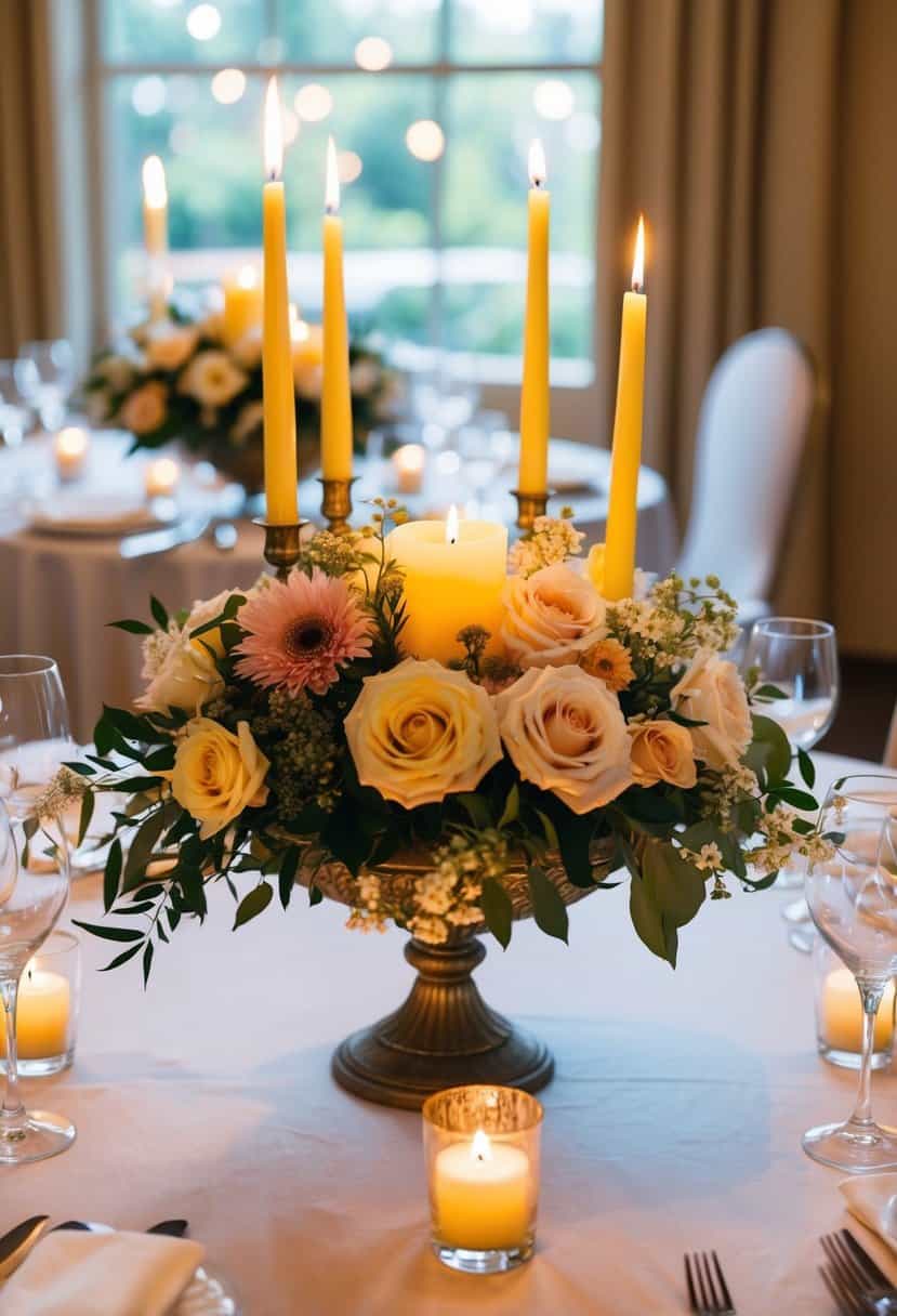 A floral centerpiece with lit candles sits atop a beautifully set table, creating an elegant and romantic ambiance