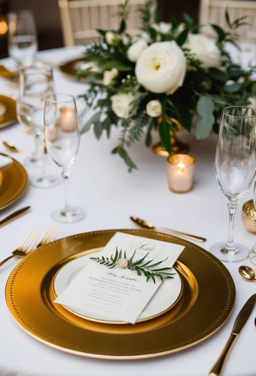 A table set with gold charger plates, adorned with elegant wedding decor