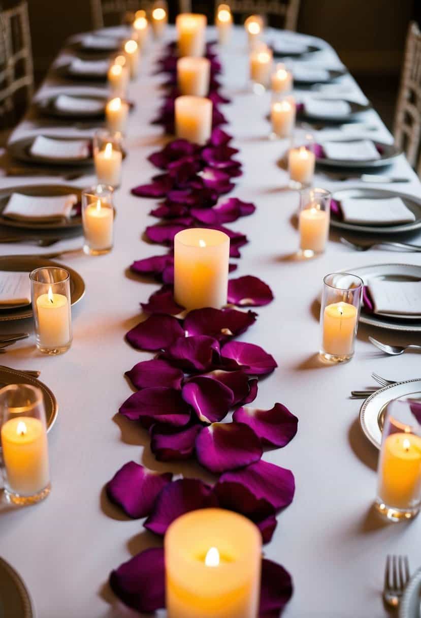 A long table adorned with a silk rose petal runner, surrounded by flickering candles and elegant place settings