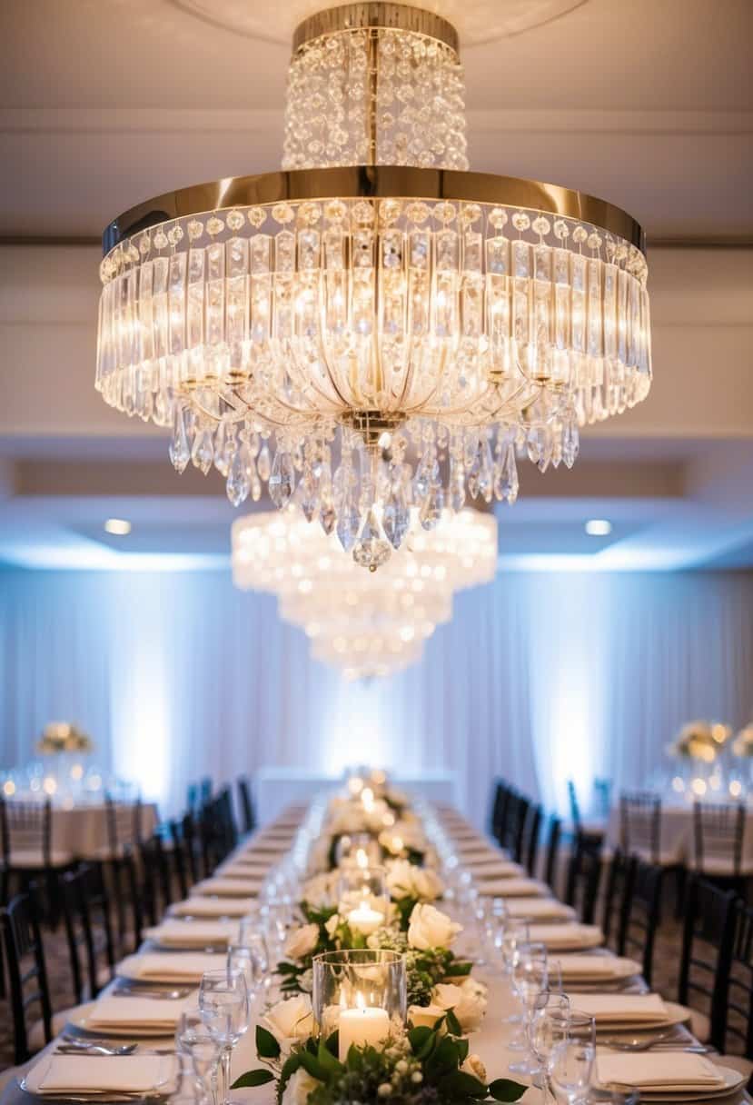 Glistening crystal chandeliers hang above an elegant wedding table, casting a dazzling display of light and luxury