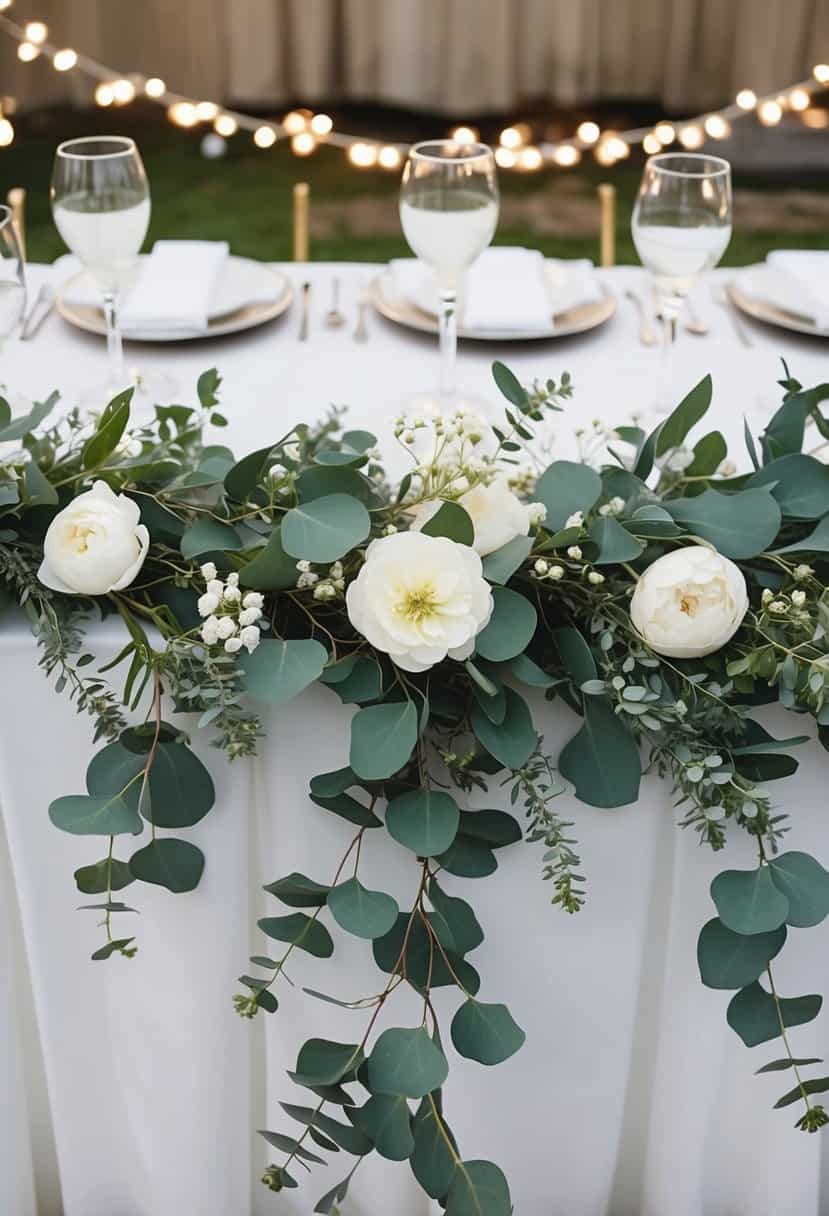 A stunning eucalyptus garland drapes across a wedding table, intertwined with delicate white flowers and twinkling fairy lights