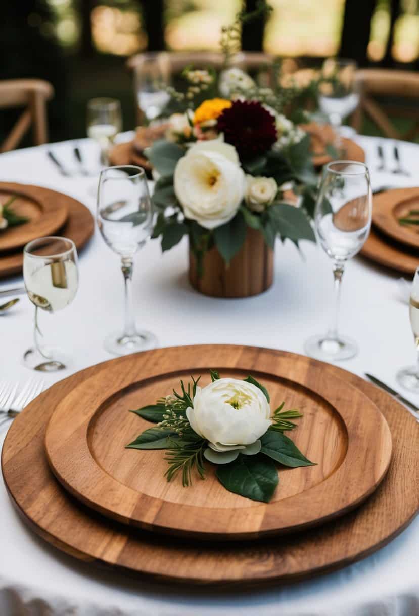Rustic wooden chargers arranged on a table with elegant tableware and floral centerpieces
