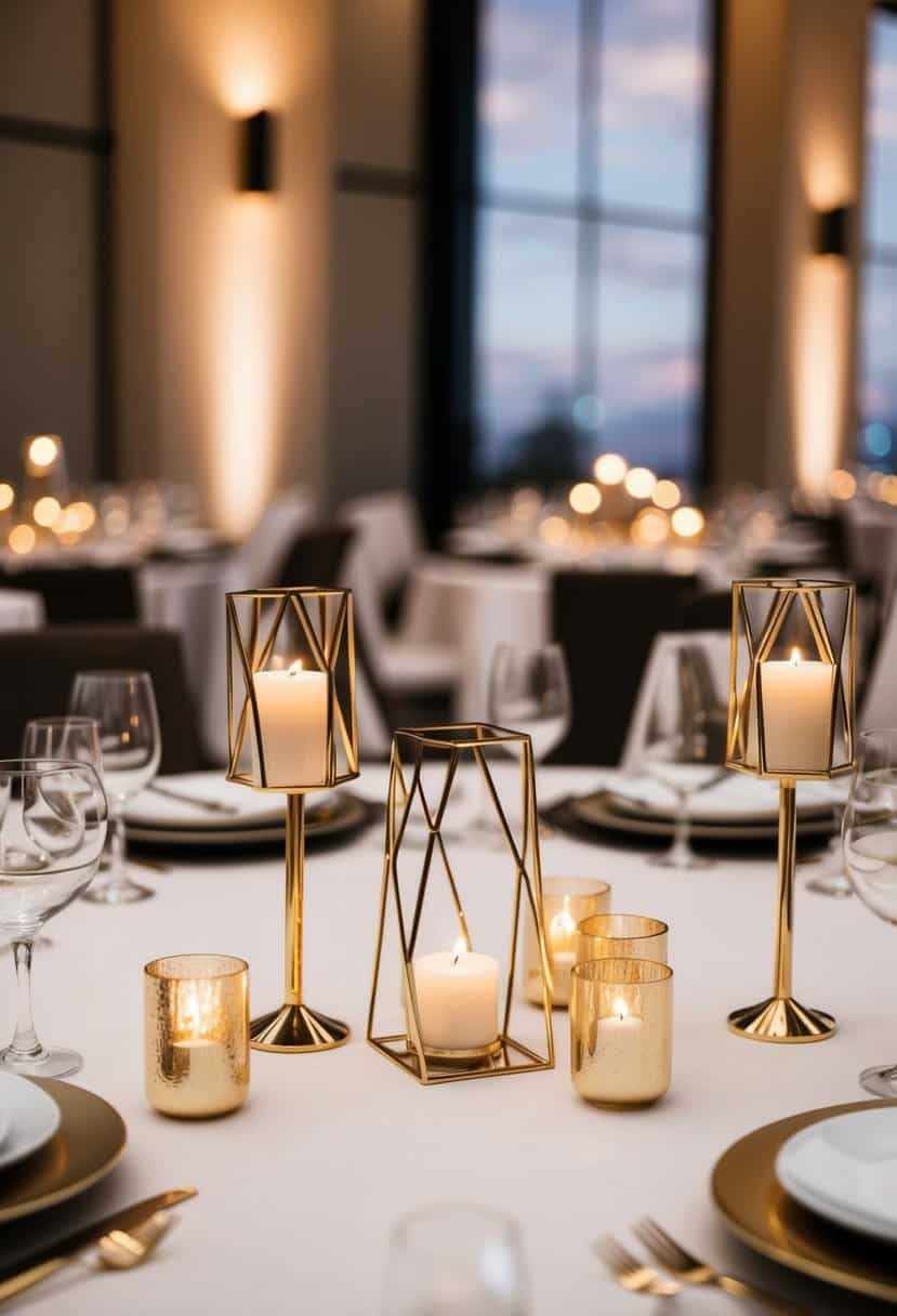 Gold geometric candle holders arranged on a modern wedding table with elegant decor and ambient lighting