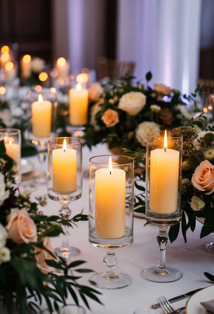 Glowing candles float in glass bowls amid lush floral arrangements on a beautifully set wedding table