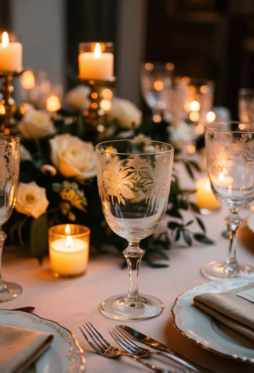 A table adorned with vintage engraved glassware, reflecting the warm glow of candlelight, creating an elegant and timeless wedding decor