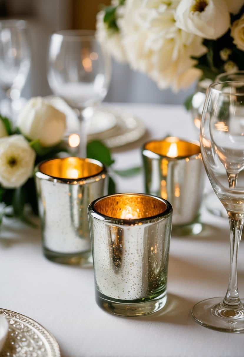 Mercury glass votives shimmering on elegant wedding table