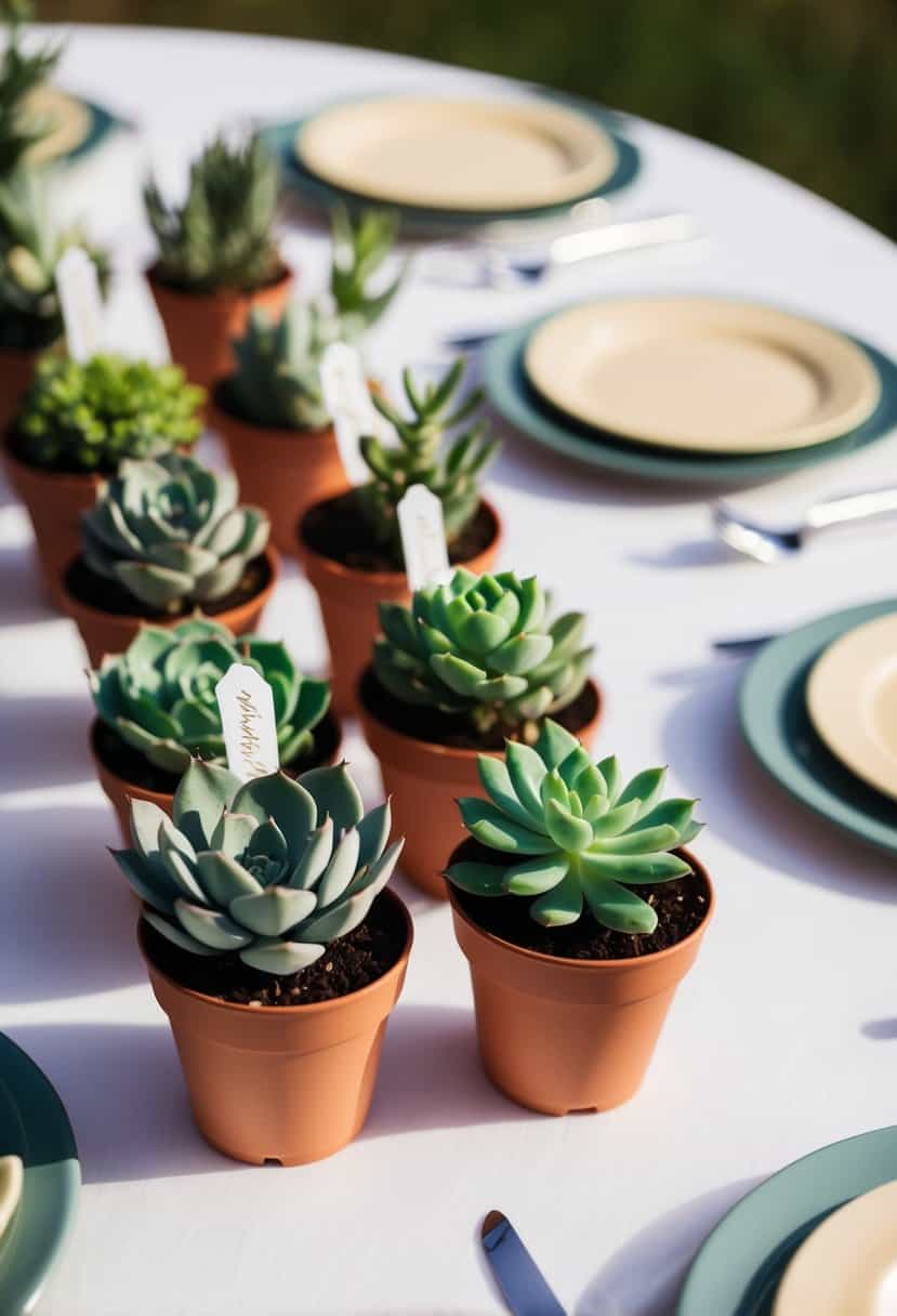 Mini succulent plants arranged in individual pots on a wedding table, with personalized name tags tied to each one