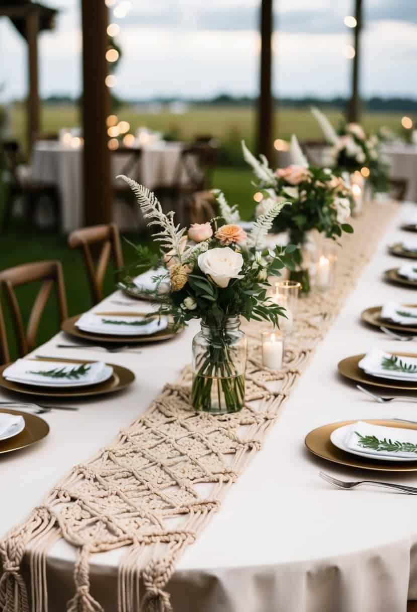 A table adorned with boho macrame table runners, adding a trendy and elegant touch to a wedding reception