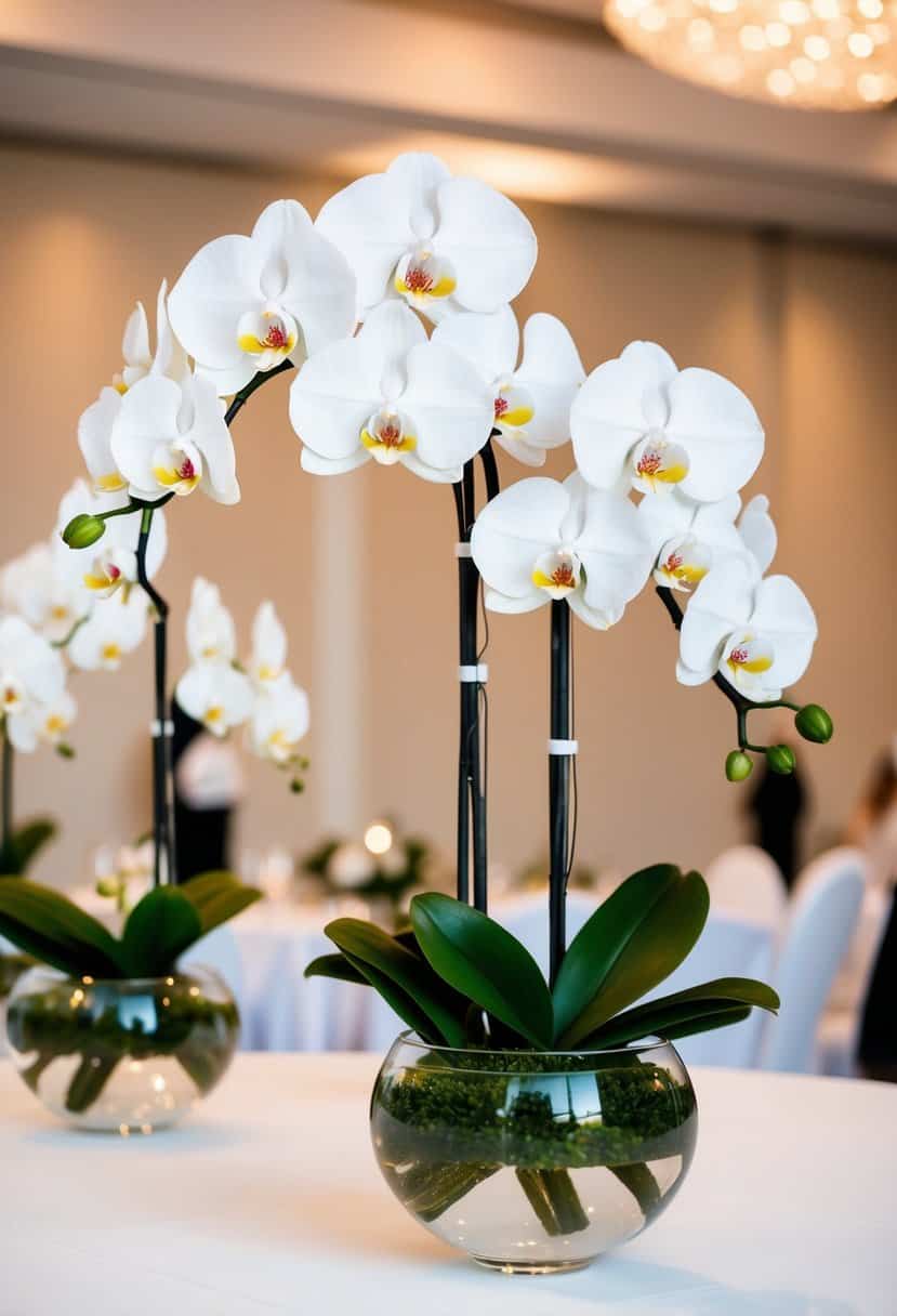 Elegant orchids floating in glass bowls atop white tablecloths at a modern wedding reception