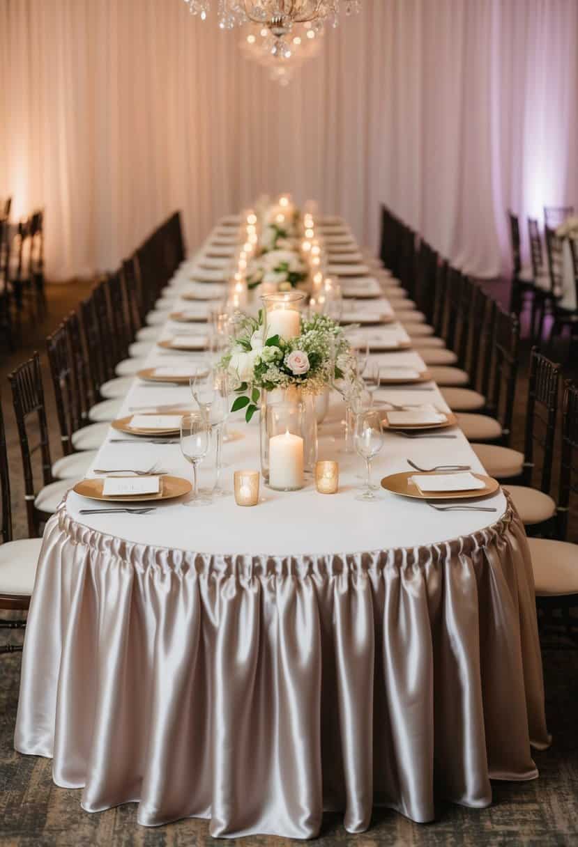 A long banquet table with a satin ruffle table skirt draped over it, adorned with delicate flowers and candles, creating a romantic and elegant wedding centerpiece