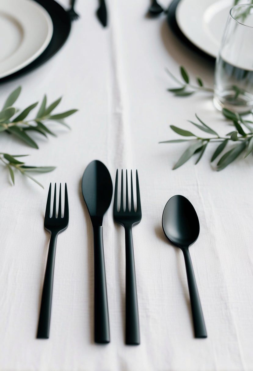 A sleek table setting with minimalist black flatware, set against a white linen tablecloth and accented with subtle greenery