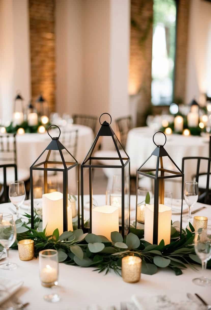 Geometric metal lanterns arranged as stunning wedding table decor
