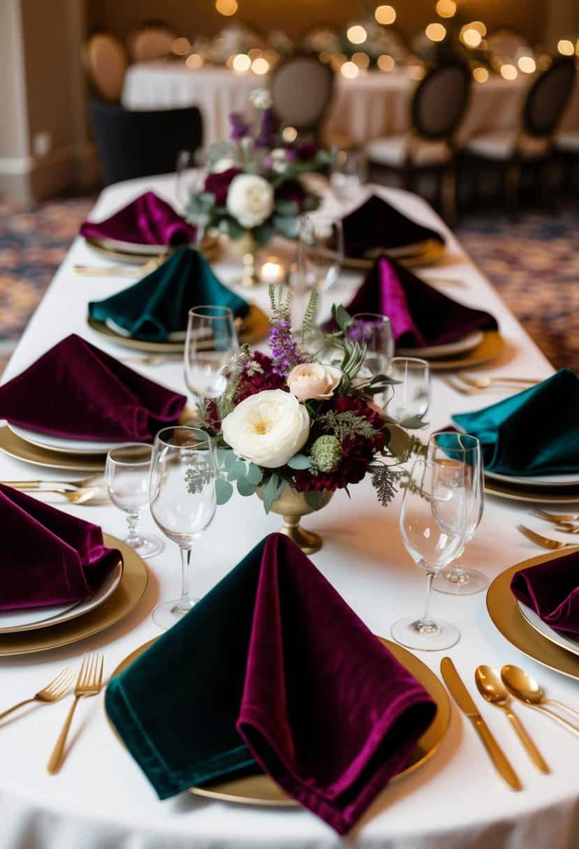 A table set with luxurious velvet napkins in rich jewel tones, arranged in elegant folds and accented with delicate floral centerpieces