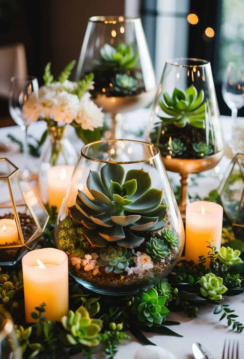 Lush succulent plants arranged in elegant glass terrariums, nestled among flickering candles and delicate florals, creating a stunning wedding table centerpiece