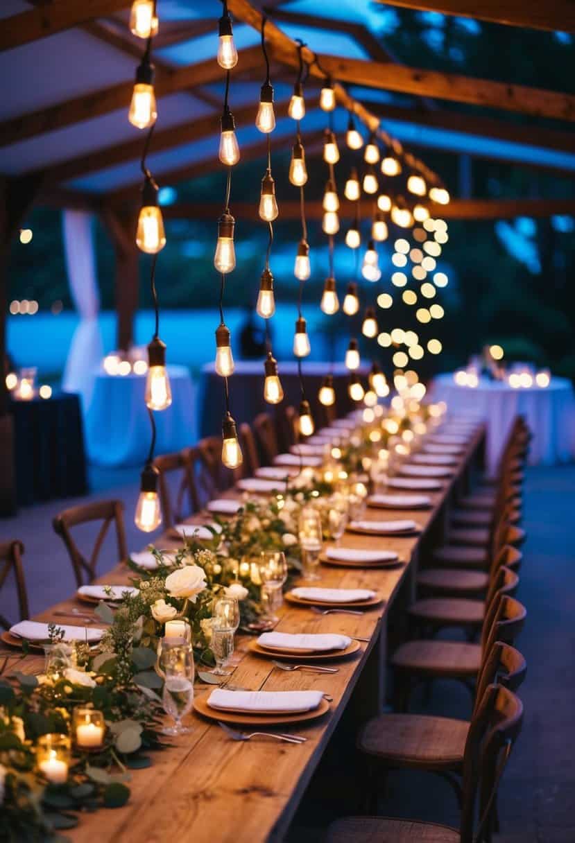 A rustic wooden table adorned with cascading Edison bulb string lights, creating a warm and romantic ambiance for a trendy wedding reception
