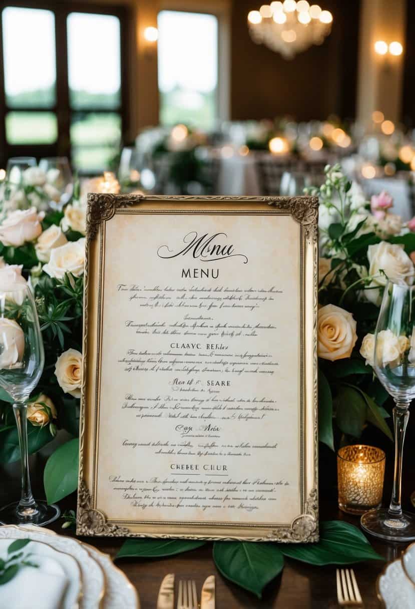 A vintage-inspired handwritten menu sits amidst lush floral centerpieces and elegant table settings at a romantic wedding reception