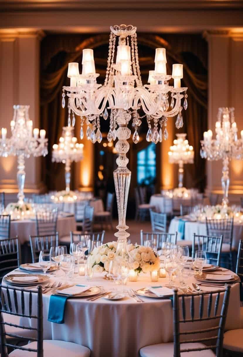 A grand wedding table adorned with crystal candelabras, casting a warm and elegant glow over the opulent setting
