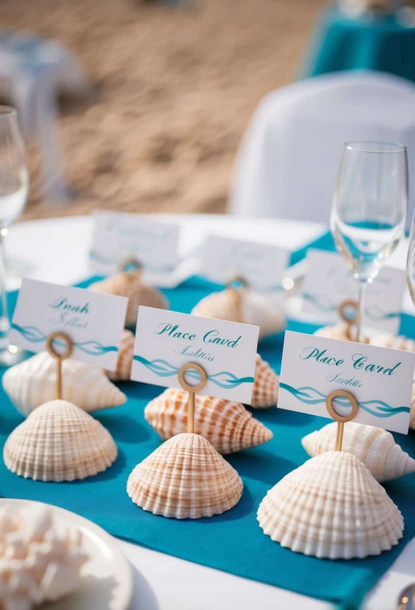 Seashells and coral arranged as place card holders on a beach-themed wedding table