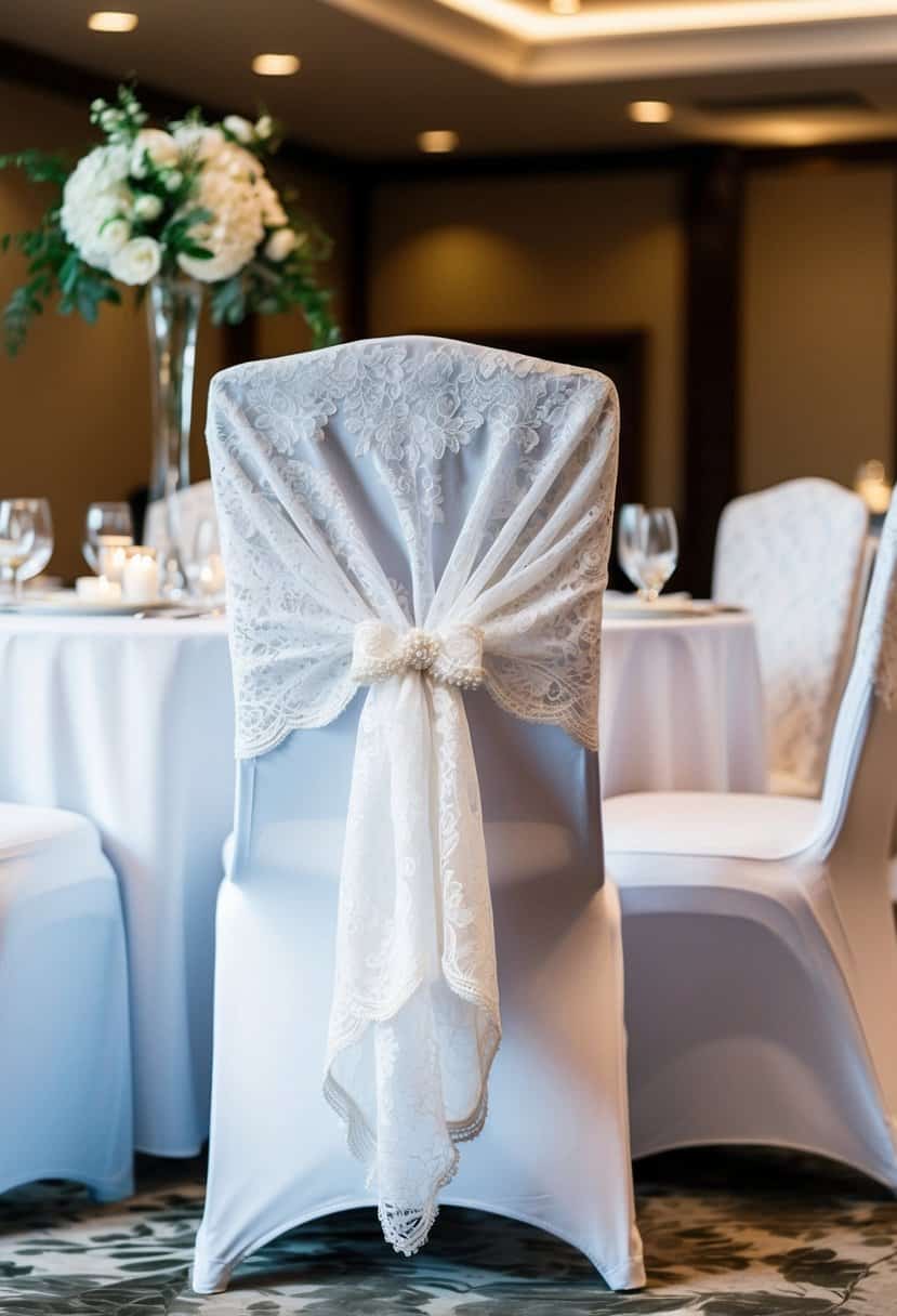 Elegant lace chair covers draped over sleek white chairs at a wedding reception table