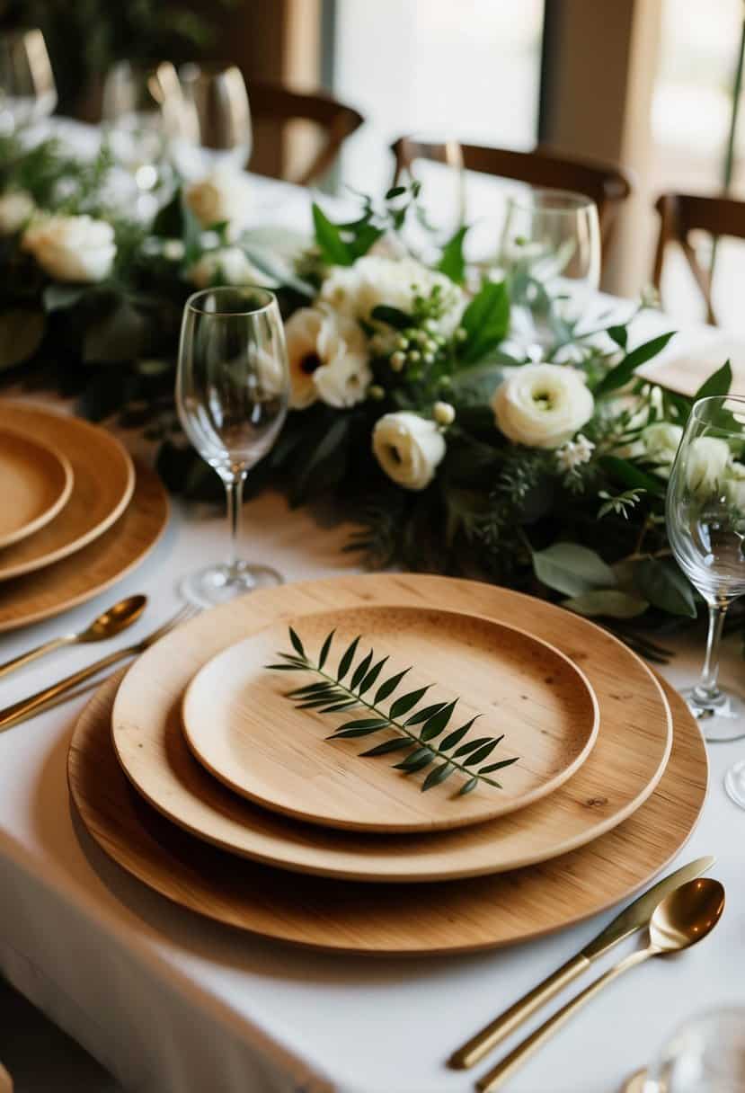 Bamboo plates arranged in a stylish and eco-friendly wedding table setting, adorned with natural greenery and elegant floral accents