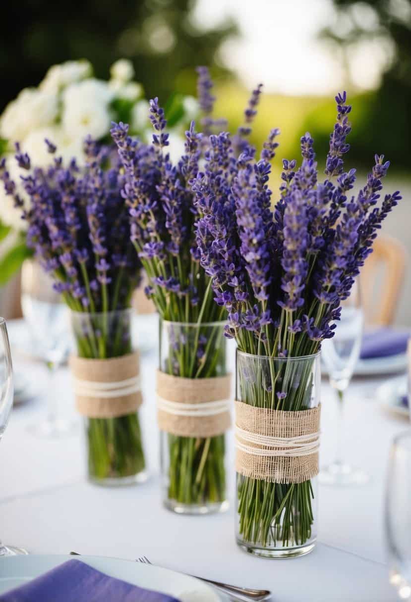 Lavender sprigs arranged in napkin wraps on a wedding table, creating a trendy and elegant decoration