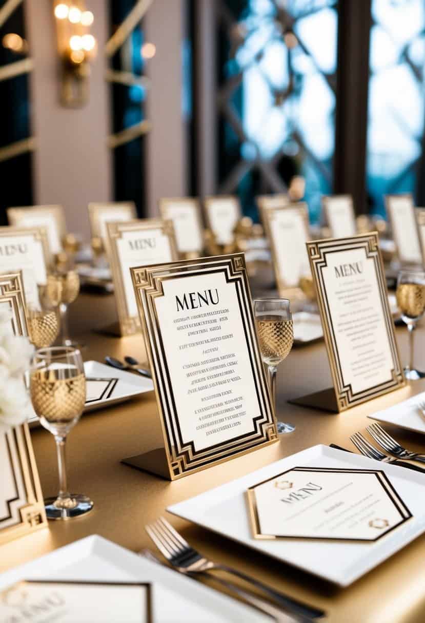 Elegant Art Deco-inspired menu cards arranged on a table with geometric patterns and metallic accents for a stylish wedding reception