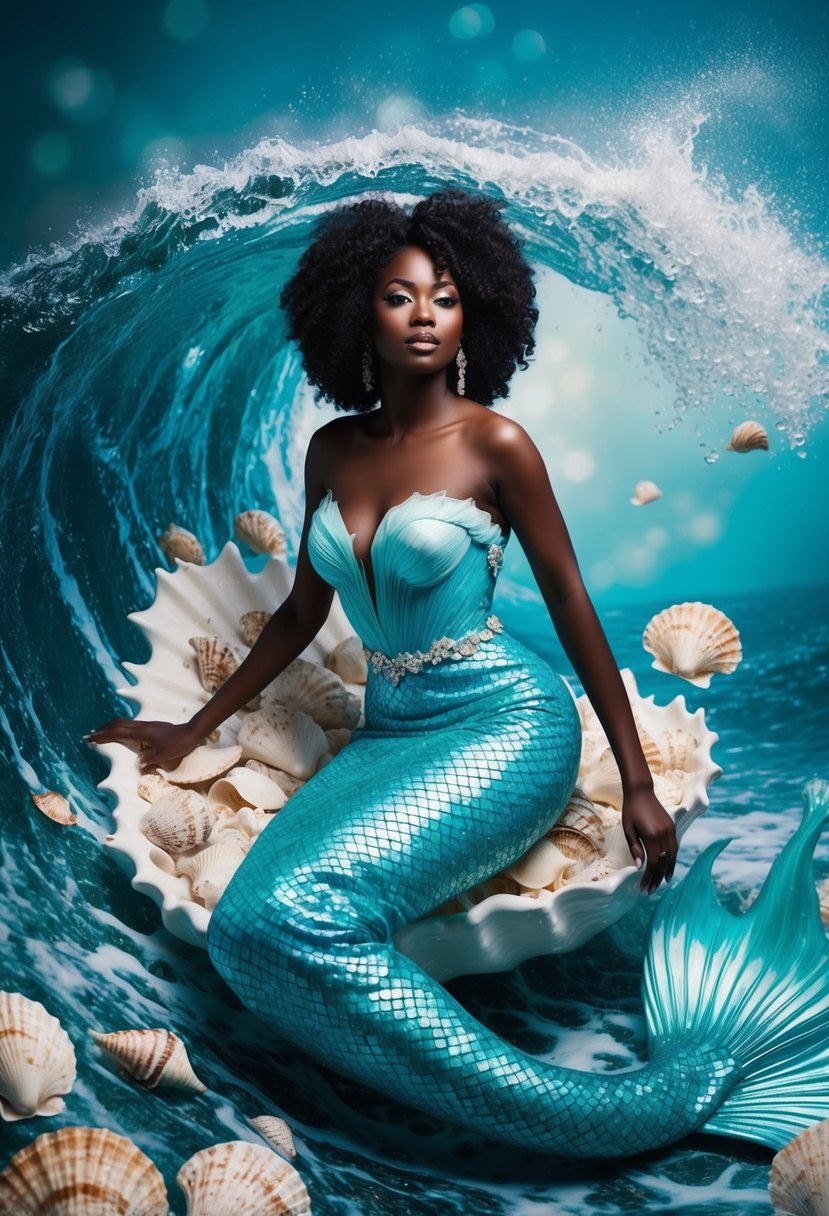 A black woman in an ethereal mermaid gown, surrounded by swirling ocean waves and shimmering seashells