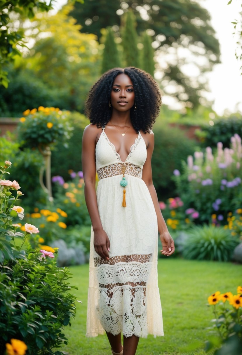 A black woman in a bohemian lace dress, standing in a lush garden with flowers and greenery, with a dreamy and romantic atmosphere