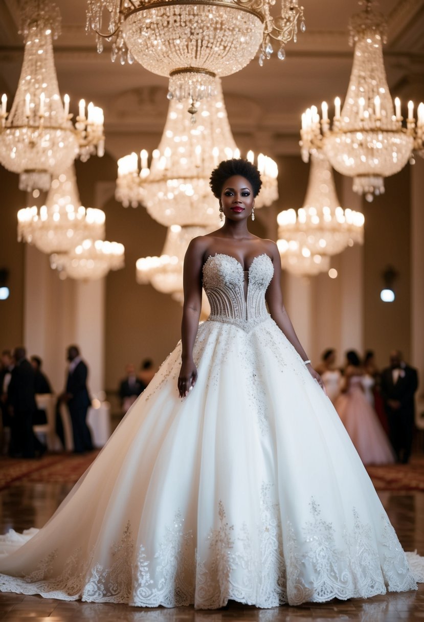 A black woman in a glamorous ball gown wedding dress, adorned with intricate lace and sparkling embellishments, standing in a grand ballroom with cascading chandeliers and ornate decor