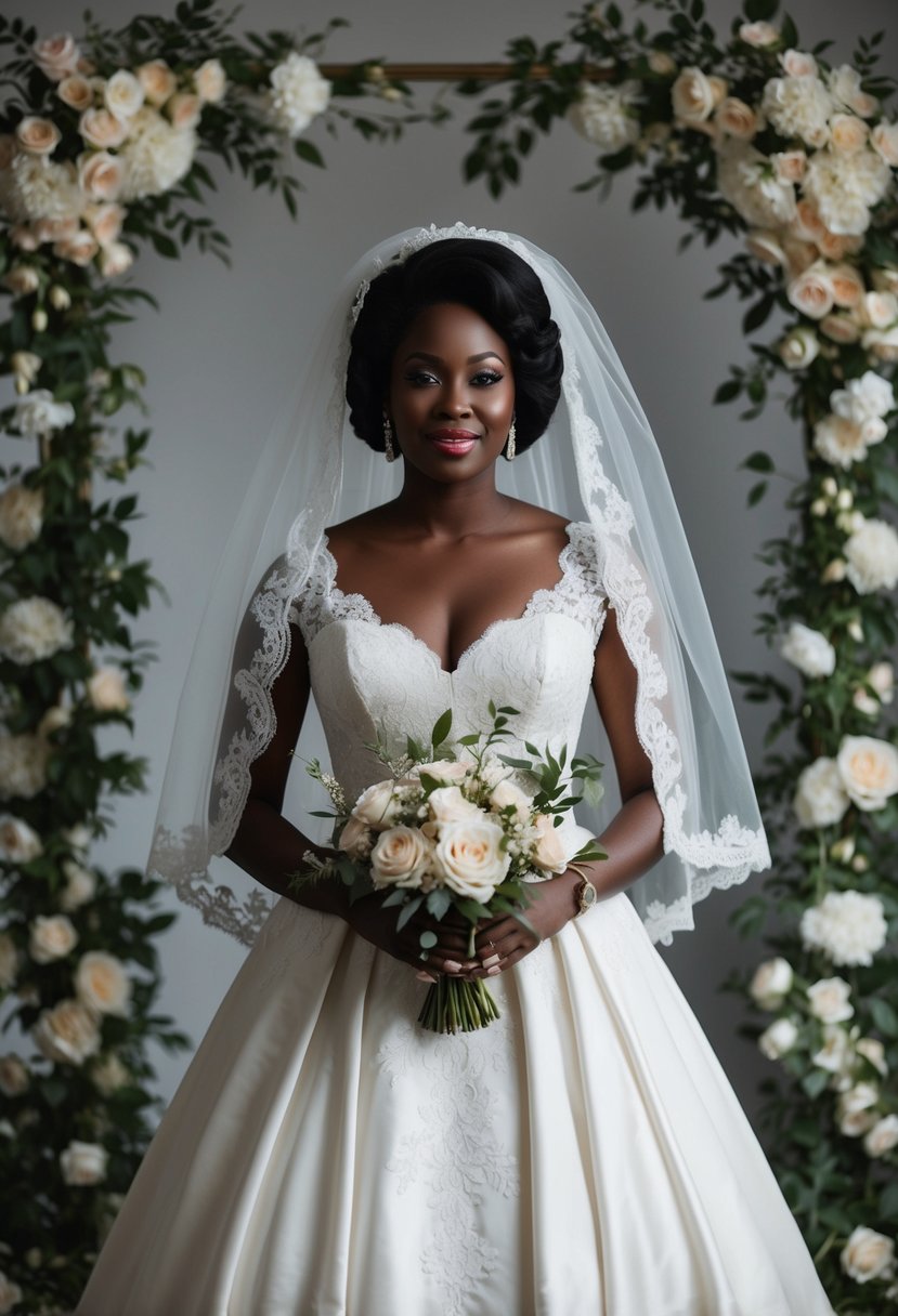 A black woman in a vintage A-line wedding dress, surrounded by elegant lace and floral details, with a classic veil and bouquet