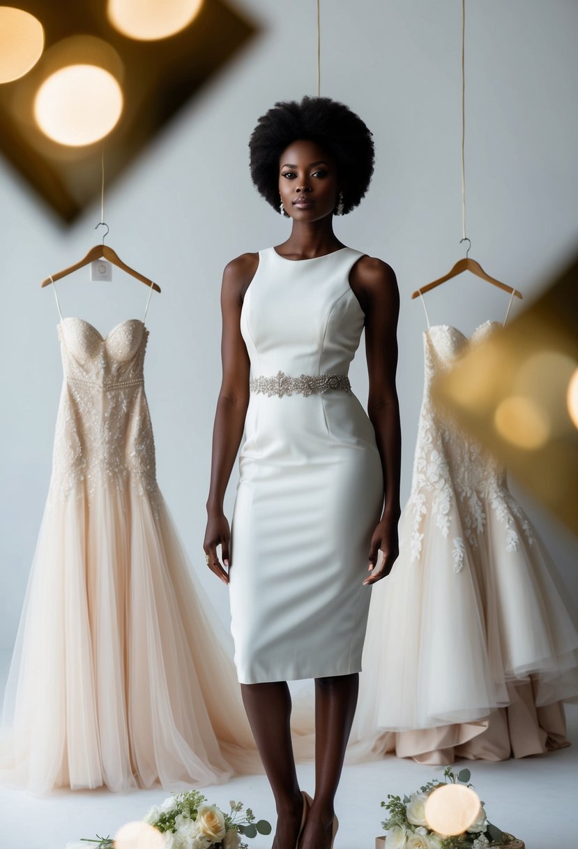 A black woman stands in a chic sheath dress, surrounded by wedding dress ideas