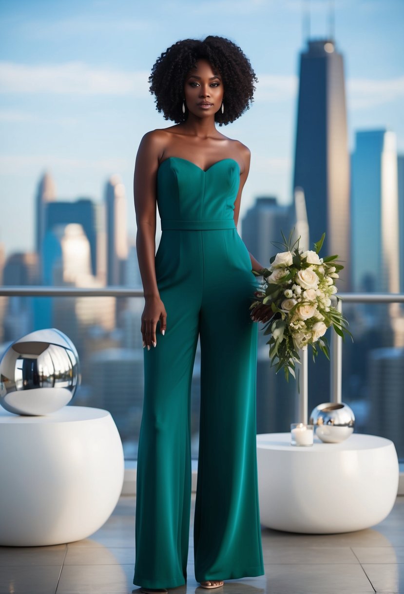 A black woman in a modern jumpsuit wedding dress, standing confidently with a bouquet in hand, surrounded by sleek, minimalist decor and a chic city skyline backdrop