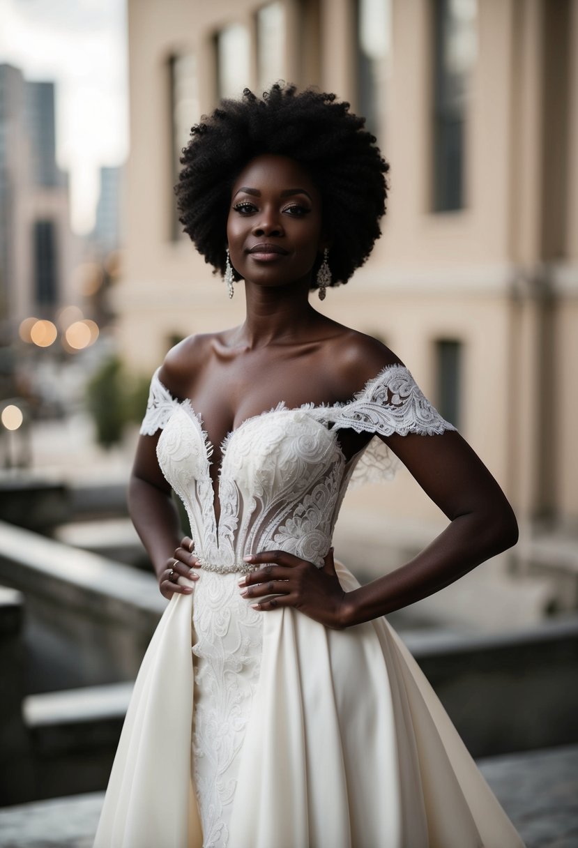 A black woman stands in an elegant off-shoulder wedding dress, with flowing fabric and intricate lace details, exuding confidence and grace