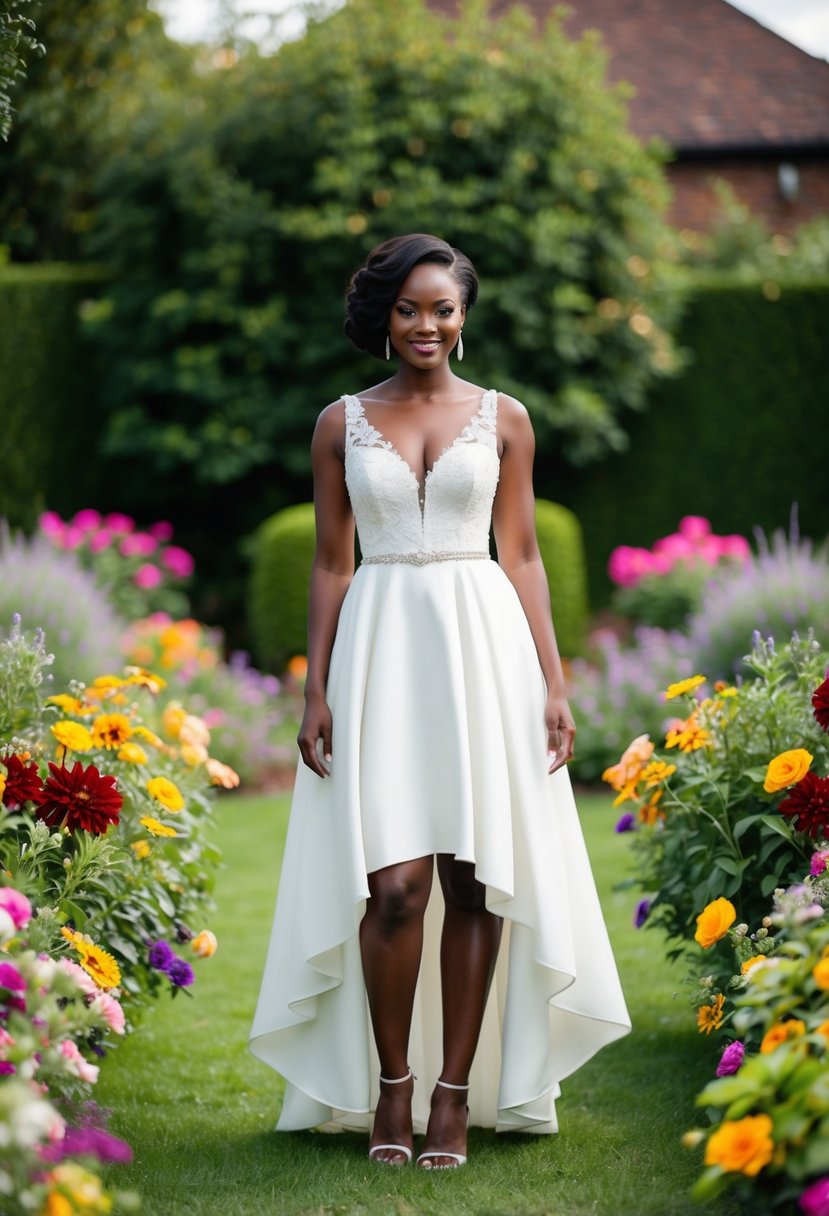 A black woman stands in a high-low hemline wedding dress, surrounded by a garden of vibrant flowers and lush greenery