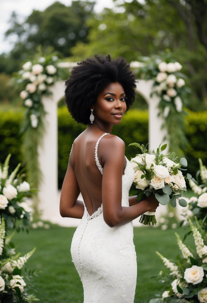 A black woman in a stunning backless wedding dress, surrounded by lush greenery and elegant floral arrangements