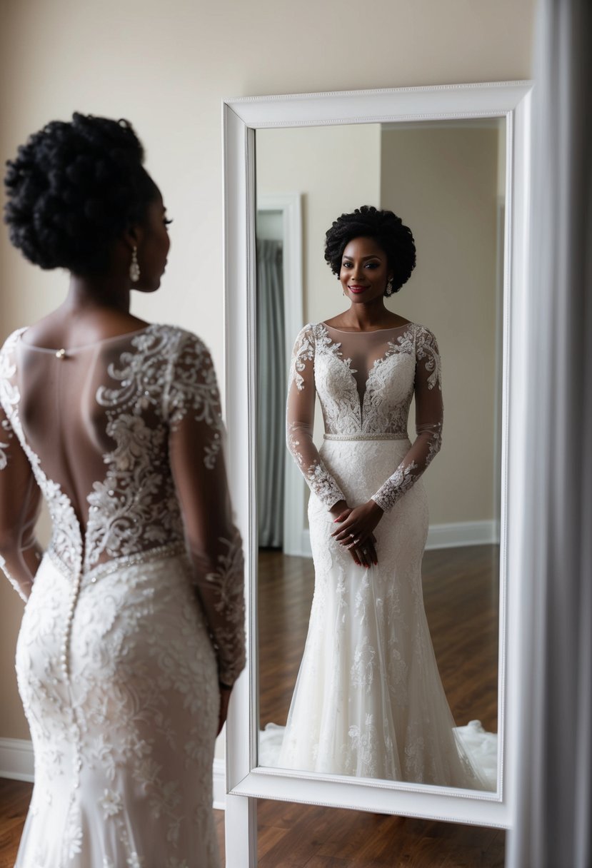 A black woman wearing a regal long-sleeve wedding dress, standing in front of a mirror, admiring herself