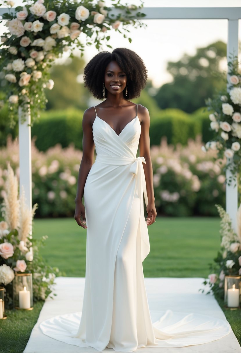 A black woman in a convertible wrap wedding dress, surrounded by elegant floral decor in a romantic outdoor setting