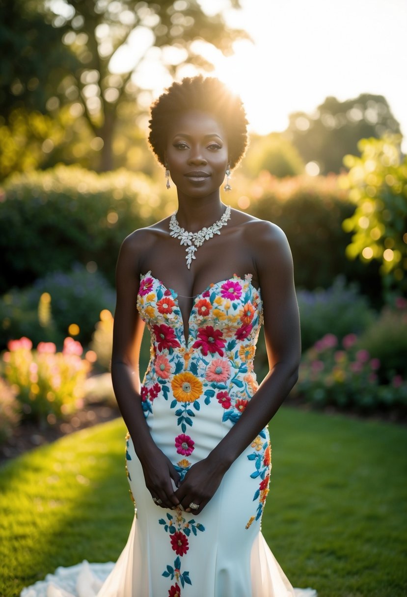 A black woman stands in a garden, wearing a wedding dress adorned with vibrant floral embroidery. The sun casts a warm glow, illuminating the intricate details of the gown