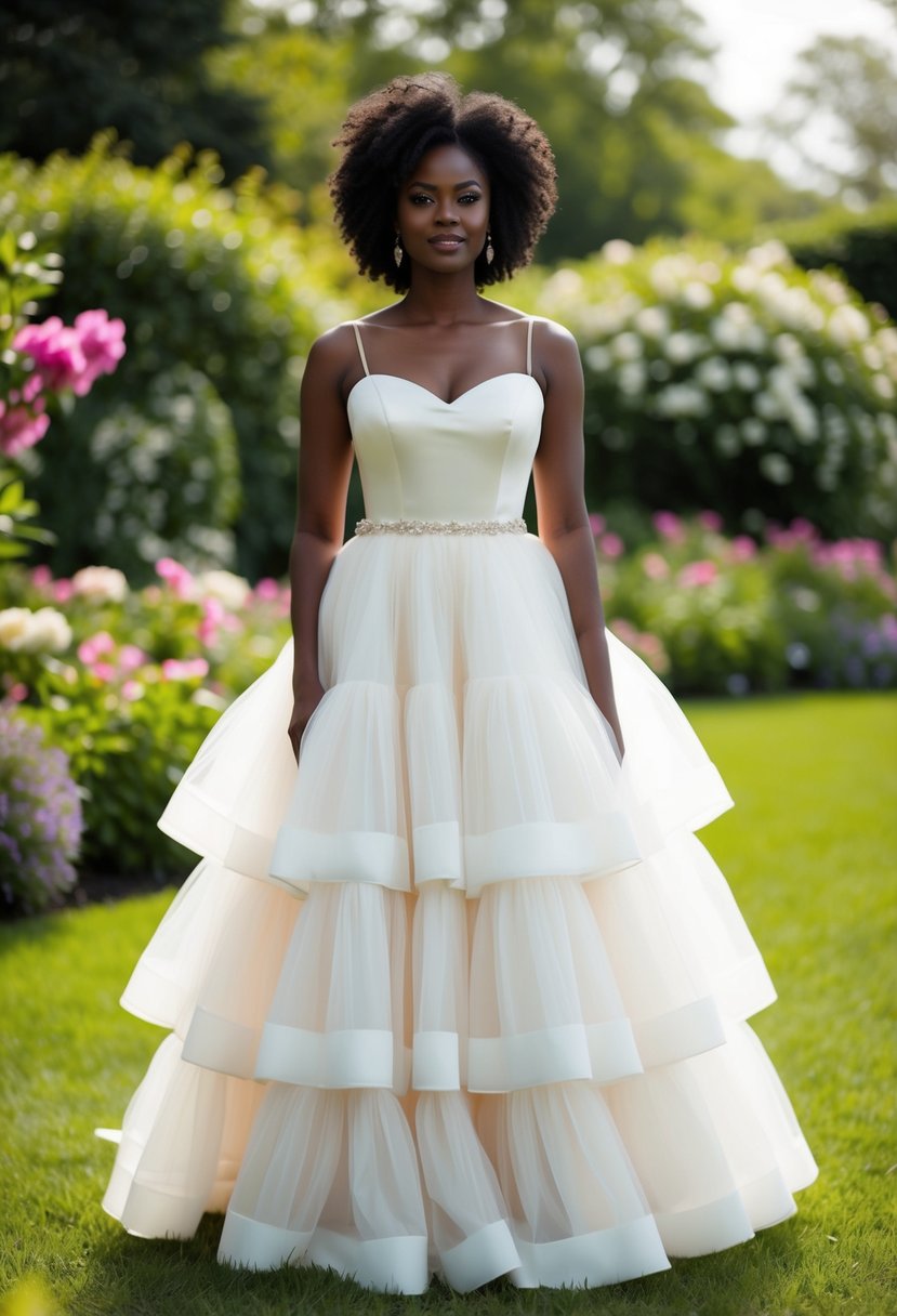 A black woman in a tiered tulle skirt wedding dress, standing in a lush garden with flowers and greenery in the background