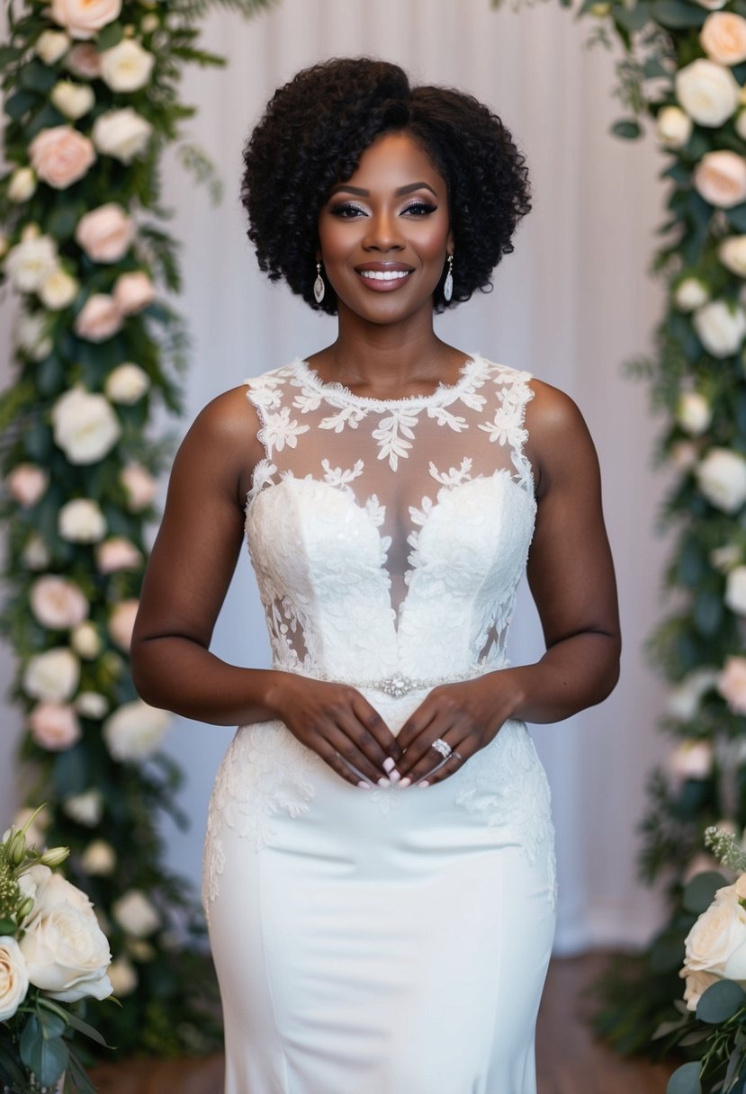 A black woman stands in a lace illusion bodice wedding dress, surrounded by elegant floral decor