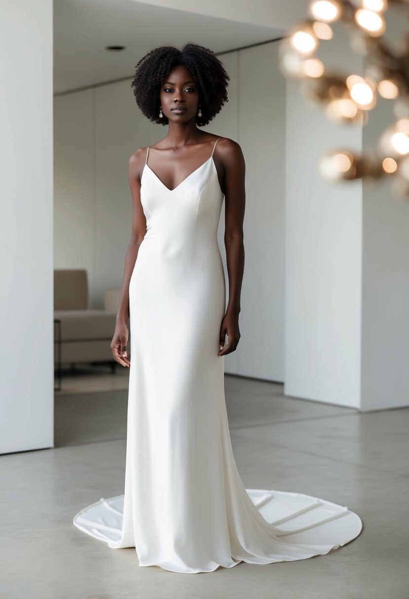 A black woman in a minimalist slip wedding dress, standing in a modern, minimalist setting with clean lines and neutral colors