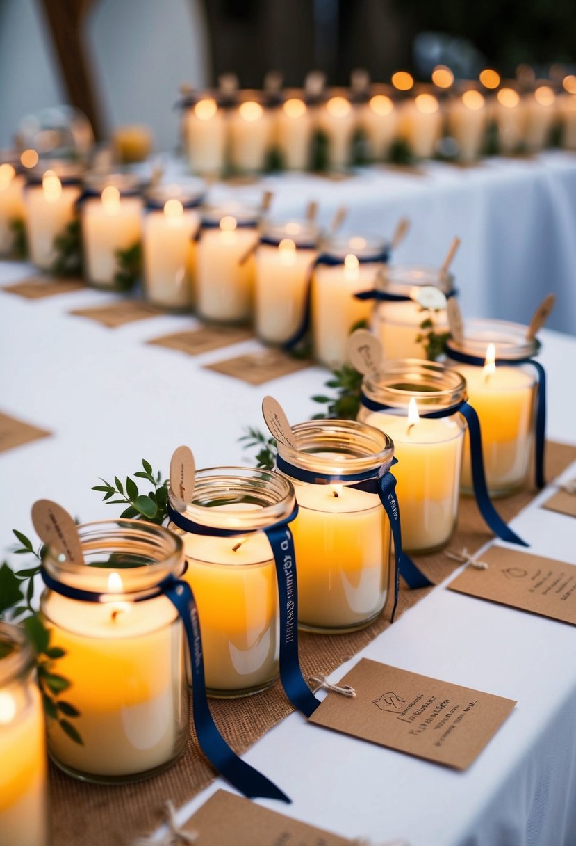 A table with rows of personalized candles in glass jars, adorned with ribbons and small tags, arranged as wedding favors