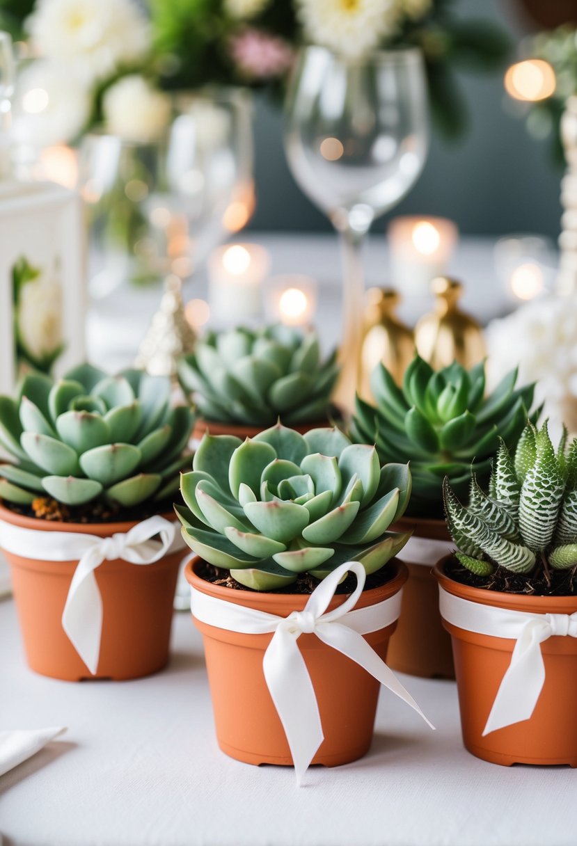 Mini succulent plants arranged in small pots, tied with ribbon and placed on a table with wedding decor in the background